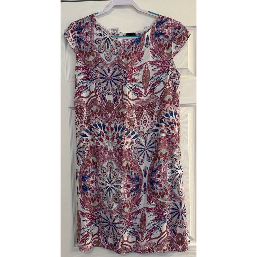 Luca Vanucci Dress Sz MED 100%‎ Linen Floral Cap Sleeve Scoop Neck Spring Easter